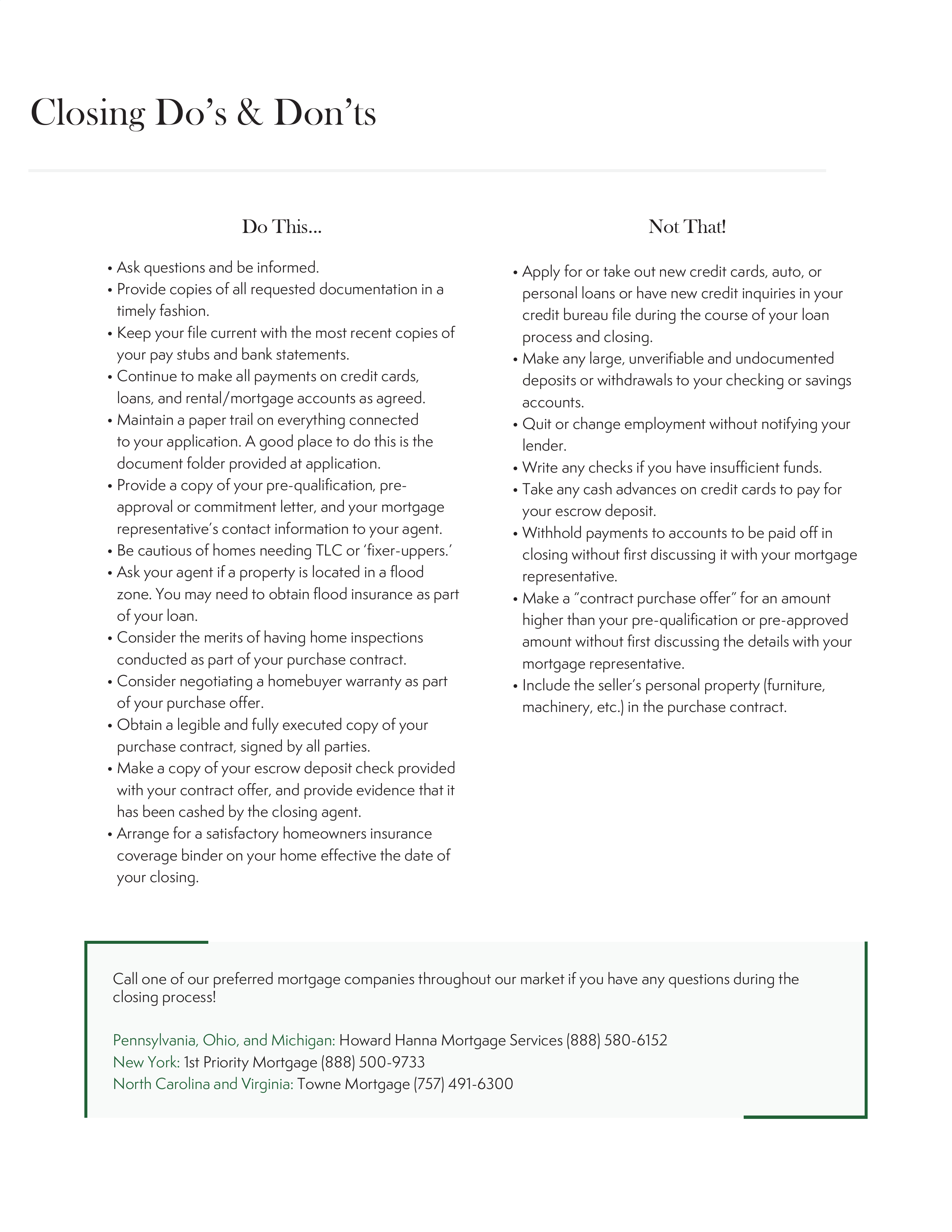 Closing Do's & Don'ts pg 19